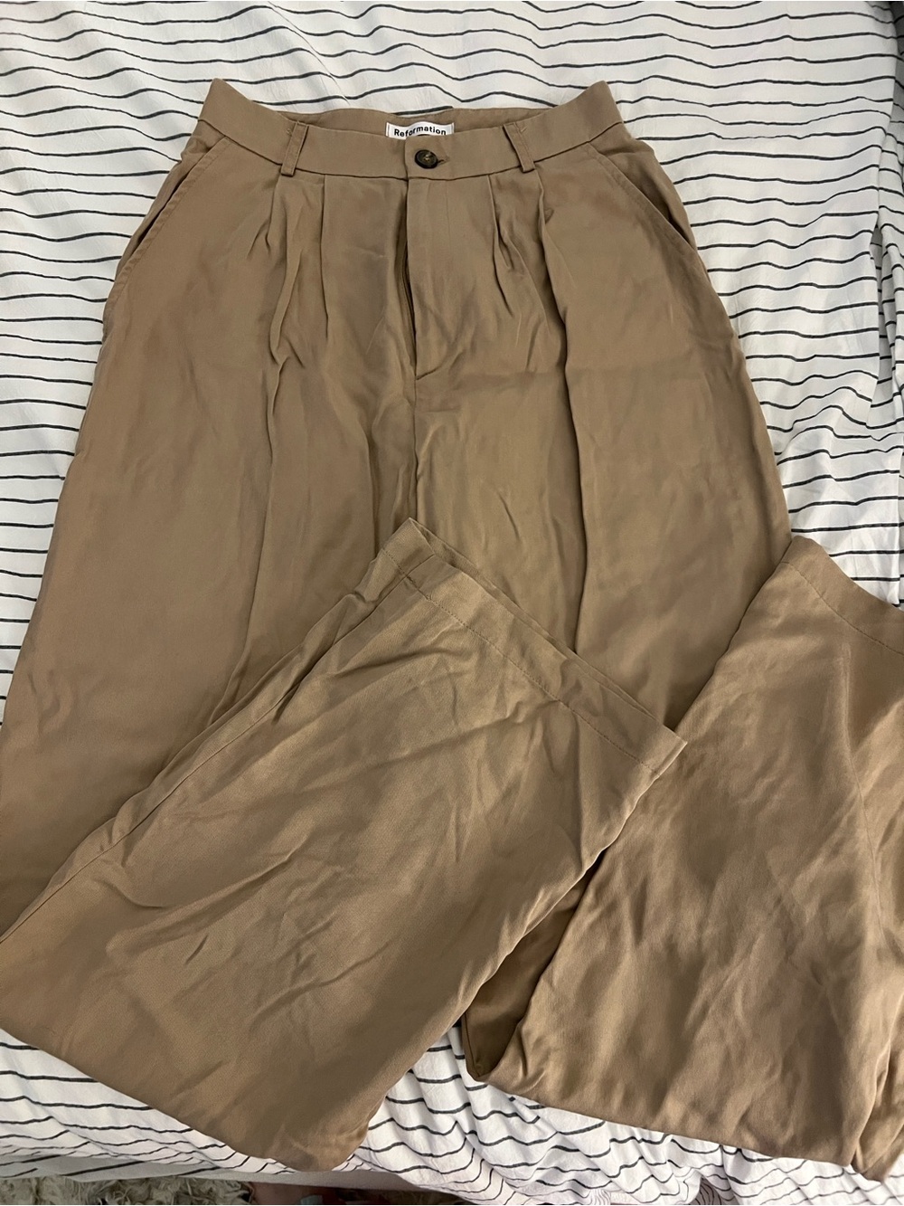 Reformation Tan Pleated Wide-Leg Trousers